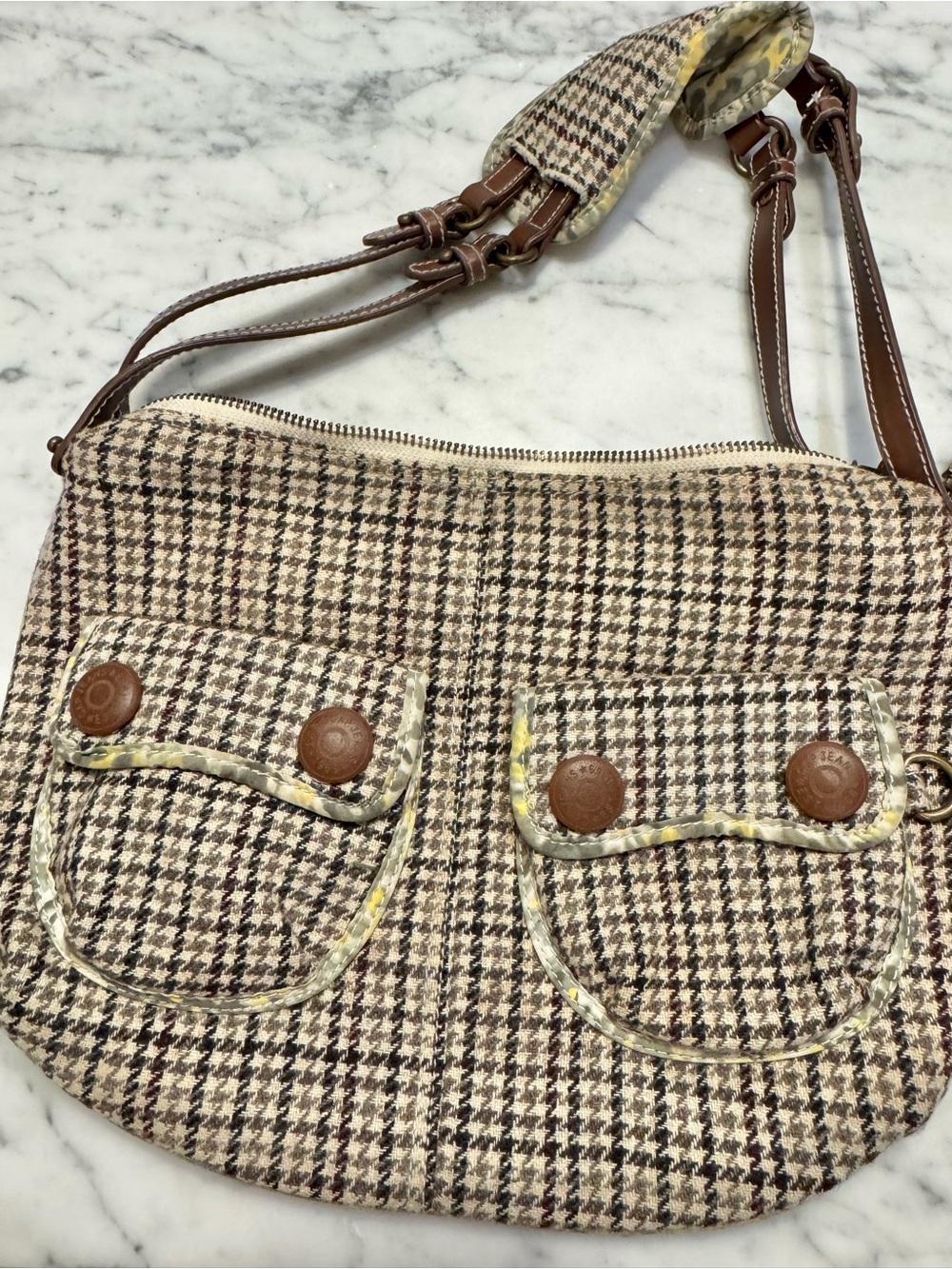 GAP Brown Tweed Shoulder Bag with Leather Trim and Yellow Accent